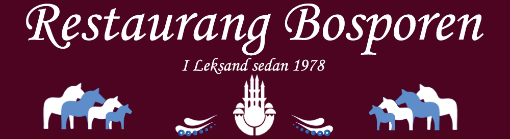 Logotype där det står Restaurang Bosporen i Leksand sedan 1978. Dalahästar i vitt och blått på vardera sida om ursprunglig logotyp